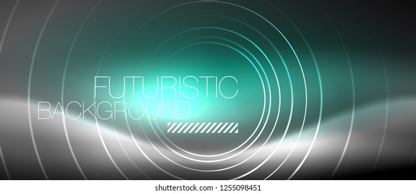 Neon circles abstract background, shiny lines, vector techno design