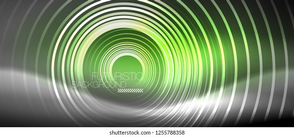 Neon circles abstract background, shiny lines, vector techno design
