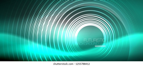 Neon circles abstract background, shiny lines, vector techno design