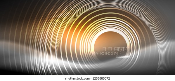Neon circles abstract background, shiny lines, vector techno design