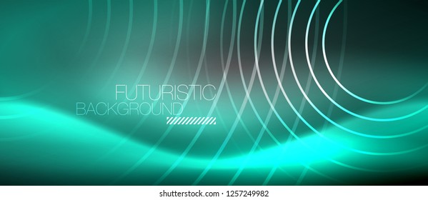 Neon circles abstract background, shiny lines, vector techno design