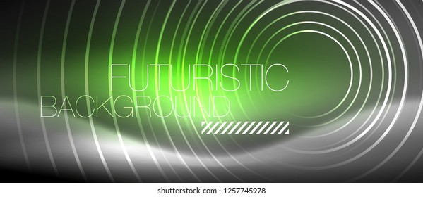 Neon circles abstract background, shiny lines, vector techno design