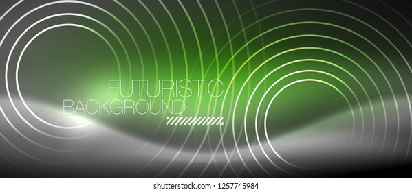 Neon circles abstract background, shiny lines, vector techno design