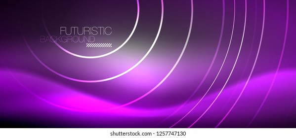 Neon circles abstract background, shiny lines, vector techno design