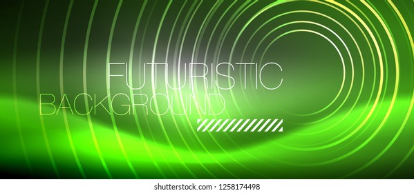 Neon circles abstract background, shiny lines, vector techno design