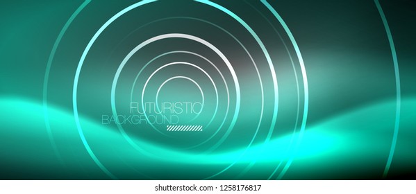 Neon circles abstract background, shiny lines, vector techno design
