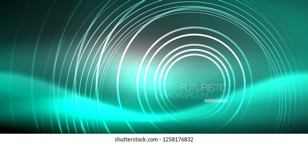 Neon circles abstract background, shiny lines, vector techno design