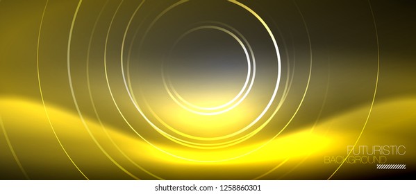 Neon circles abstract background, shiny lines, vector techno design