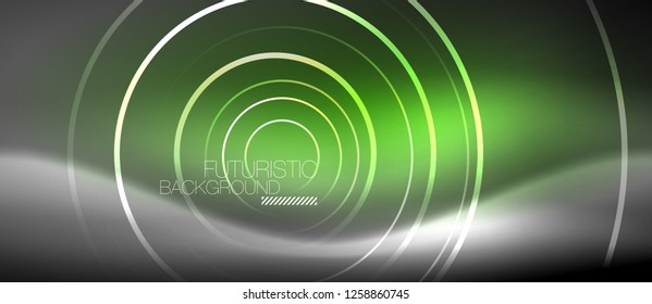 Neon circles abstract background, shiny lines, vector techno design