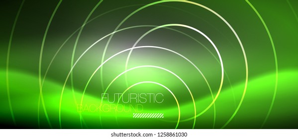 Neon circles abstract background, shiny lines, vector techno design