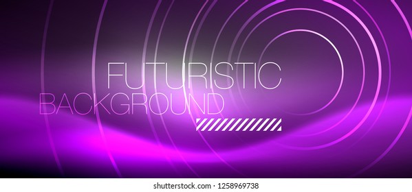 Neon circles abstract background, shiny lines, vector techno design