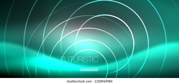 Neon circles abstract background, shiny lines, vector techno design