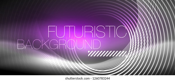 Neon circles abstract background, shiny lines, vector techno design