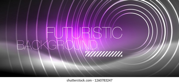 Neon circles abstract background, shiny lines, vector techno design