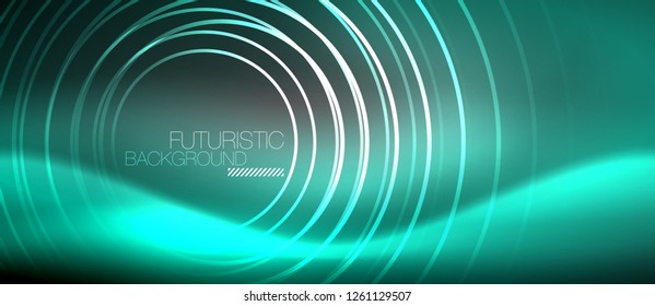 Neon circles abstract background, shiny lines, vector techno design