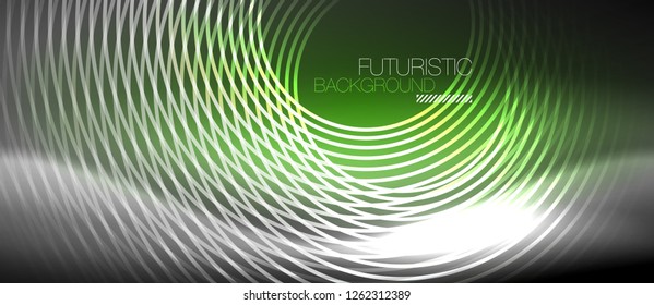 Neon circles abstract background, shiny lines, vector techno design