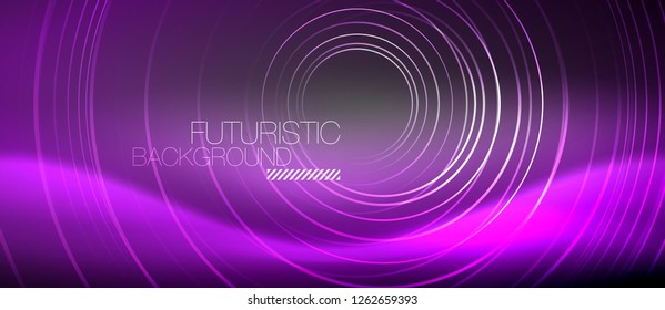 Neon circles abstract background, shiny lines, vector techno design