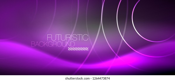 Neon circles abstract background, shiny lines, vector techno design
