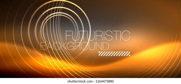 Neon circles abstract background, shiny lines, vector techno design