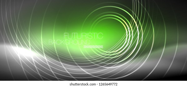 Neon circles abstract background, shiny lines, vector techno design