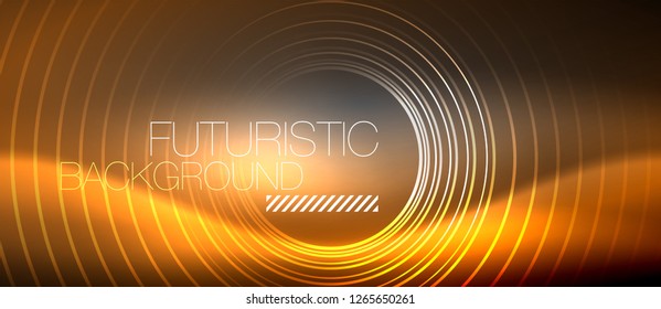 Neon circles abstract background, shiny lines, vector techno design