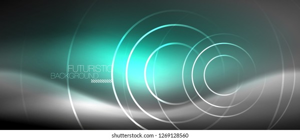 Neon circles abstract background, shiny lines, vector techno design