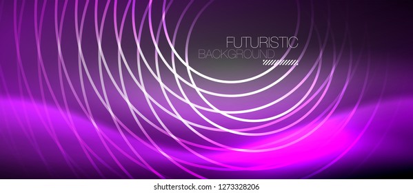 Neon circles abstract background, shiny lines, vector techno design
