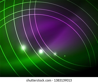 Neon circles abstract background, vector template