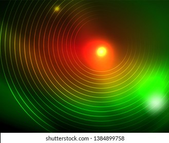 Neon circles abstract background, vector template