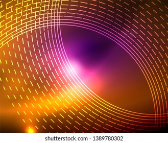 Neon circles abstract background, vector template