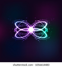 Neon circles. Round bright light twisted glitter circle sparkle effect. Glowing magic ring trace on a dark background, vector.