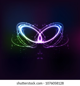 Neon circles. Round bright light twisted glitter circle sparkle effect. Glowing magic ring trace on a dark background, vector.