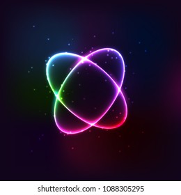 Neon circles. Round bright light twisted glitter circle sparkle effect. Glowing magic ring trace on a dark background, vector.