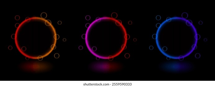 Neon circles set icon Glowing red, orange, pink, and blue rings with abstract light bubbles, futuristic energy effects, vibrant halos, digital design, sci-fi decoration, light glow, colorful wallpaper