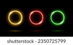 Neon circles set vector illustration. Abstract LED yellow, red and green rings with gradient light effect and neon glowing, shiny vibrant electric or laser illuminated form for product presentation