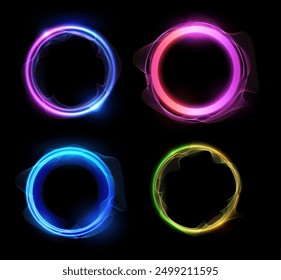Neon circles vector set. Glowing multi-colored circles with vortex flows of energy on a black isolated background. Ideal for magical tunnels or portals in game projects.