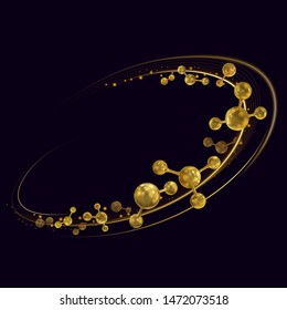 Neon circles when moving molecules. Abstract luminous rings with gold molecules. Abstract vector background.