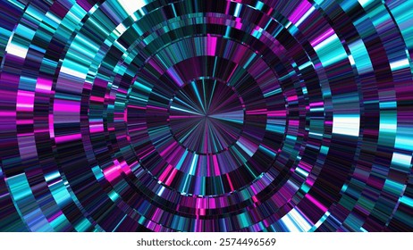 Neon circular anisotropic surface with dynamic bursts of blue purple tones and futuristic technology aesthetics. Colorful concentric circle background with vibrant radial lines. Vector illustration