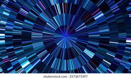 Neon circular light burst with dynamic glowing lines and gradient colors. Futuristic radial pattern with concentric streaks in vivid blues blacks tones for tech innovation themes. Vector illustration