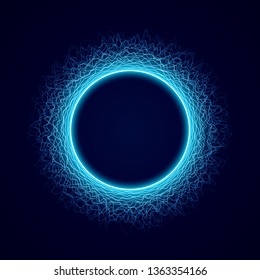 Neon Circular Shape Of Soundwave Form. Audio Equalizer. Sound Impulse Visualization. Neon Circle With Dots Light Effect On Black Background. Vector Illustration.