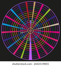Neon circular target. Radial blue grid. Abstract vector shape. Dark background form.