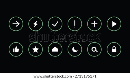 Neon circular UI icon set. Arrow, lightning, check, alert, plus, play, like, star, home, moon, search and lock symbols. App controls, game menus. Basic dashboard interface navigation ux kit