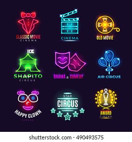 Neon circus, cinema, movie vector vintage labels. Entertainment film and award cinema illustration