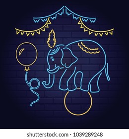 Neon circus elements set vector for design with magician balloon elephant