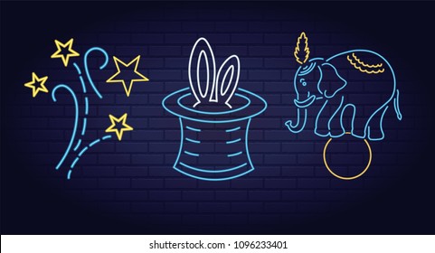 Neon circus elements set vector for design with magician stars elephant, rabbit, hat, focus