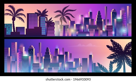 Neon city banners. Cyberpunk style background, downtown and palms silhouettes vector template