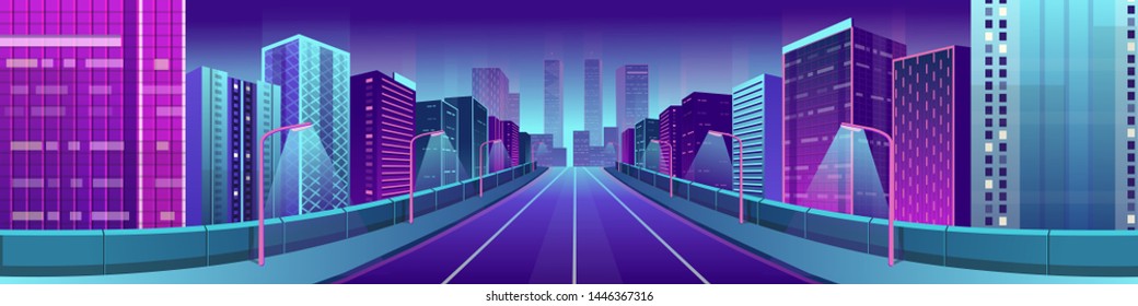 Neon city with bright houses and road. Vector illustration.