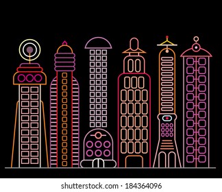 Neon City. Cityscape with modern office buildings - vector illustration. Neon light silhouette on black background.