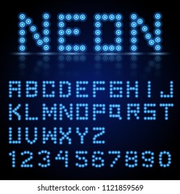 Neon city color blue font. English alphabet and numbers sign. Vector illustration