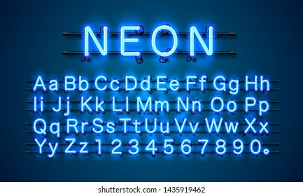 Neon City Color Blue Font. English Alphabet And Numbers Sign. Vector Illustration